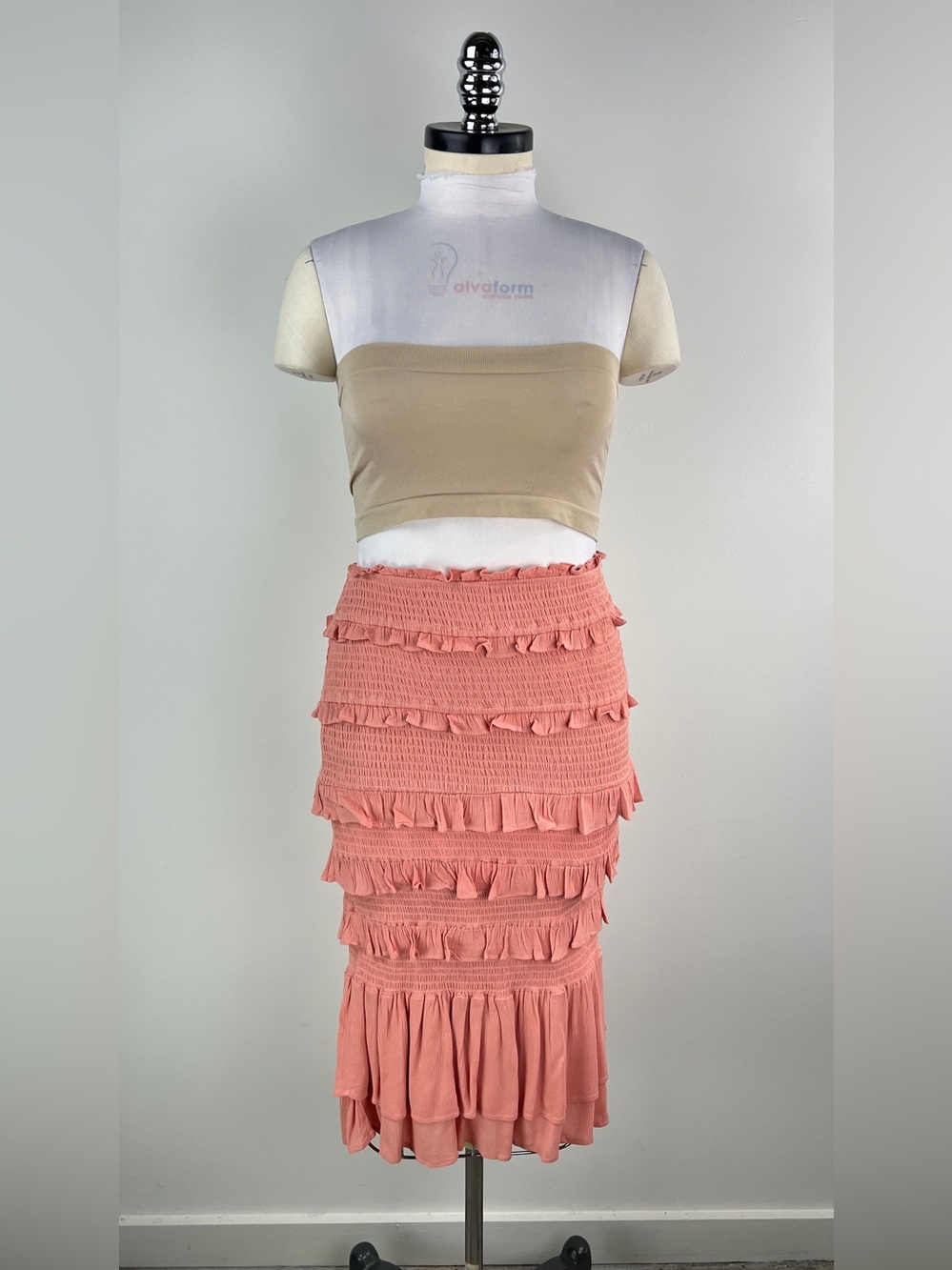 💚 3567. Smocked Coral Pink Tiered Ruffle Midi Skirt